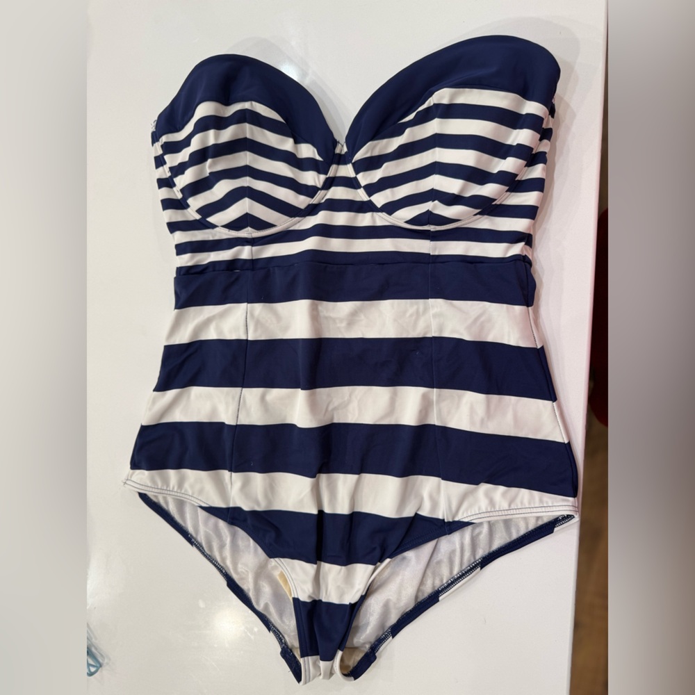 Eloquii Navy and White Striped Halter Swimsuit